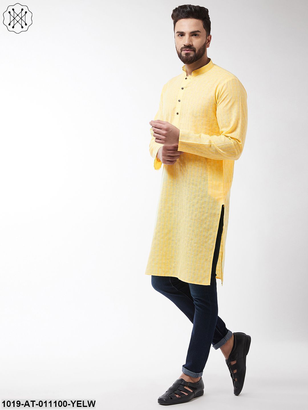 Men's Cotton Blend Yellow Woven Design Only Long Kurta