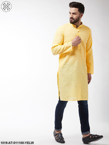 Men's Cotton Blend Yellow Woven Design Only Long Kurta