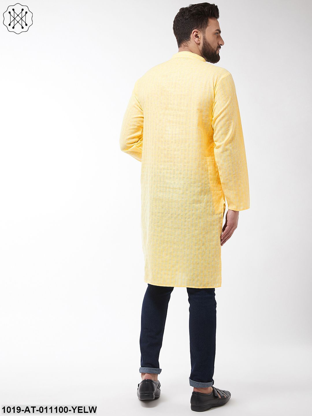 Men's Cotton Blend Yellow Woven Design Only Long Kurta