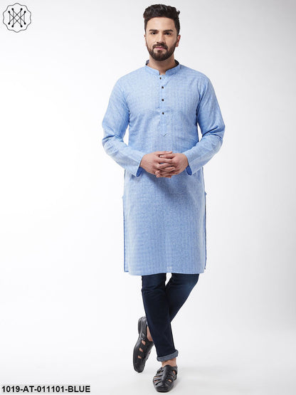 Men's Cotton Blend Blue Woven Design Only Long Kurta