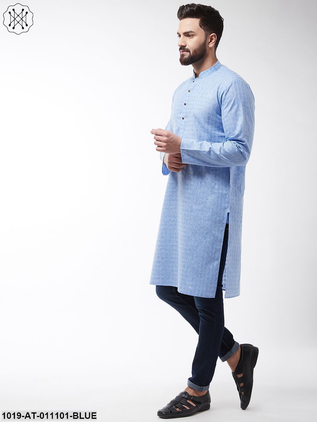 Men's Cotton Blend Blue Woven Design Only Long Kurta