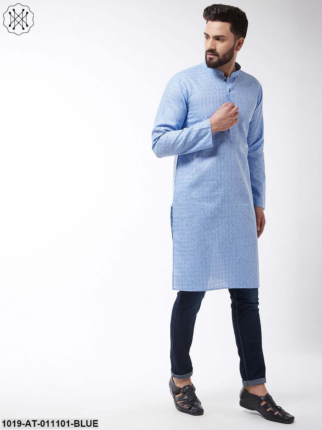 Men's Cotton Blend Blue Woven Design Only Long Kurta