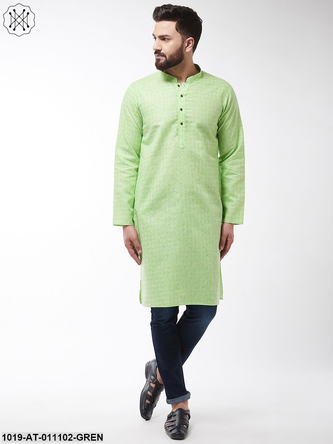 Men's Cotton Blend Green Woven Design Only Long Kurta