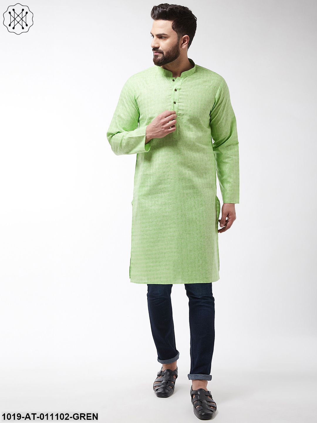 Men's Cotton Blend Green Woven Design Only Long Kurta