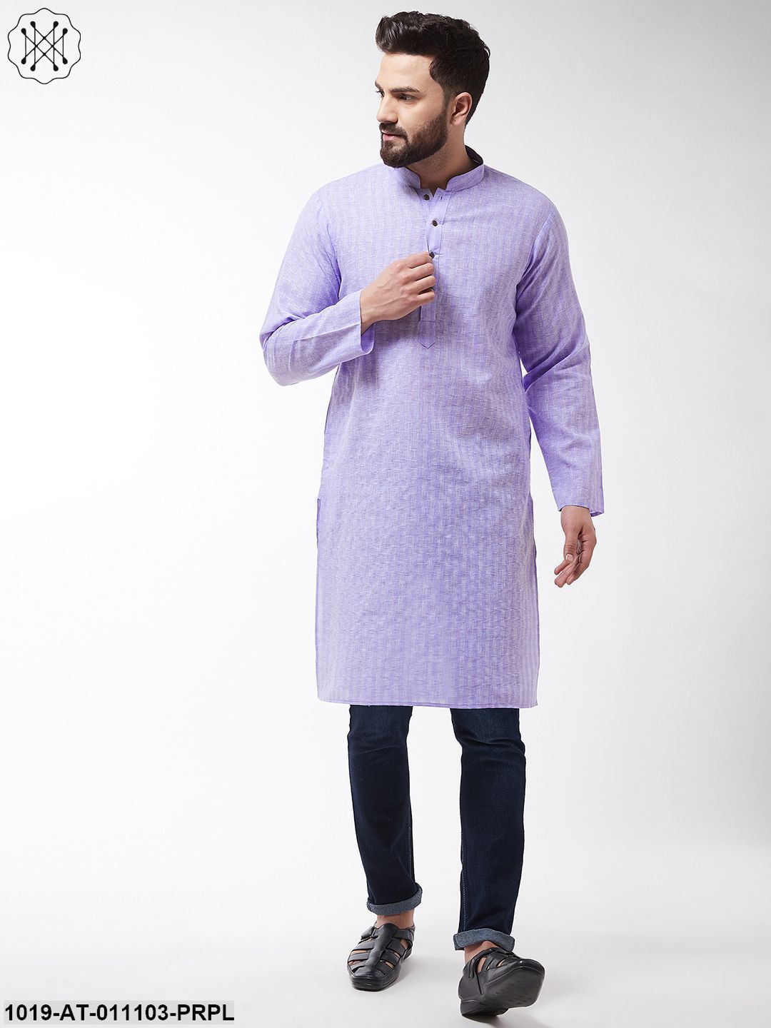 Men's Cotton Blend Purple Woven Design Only Long Kurta