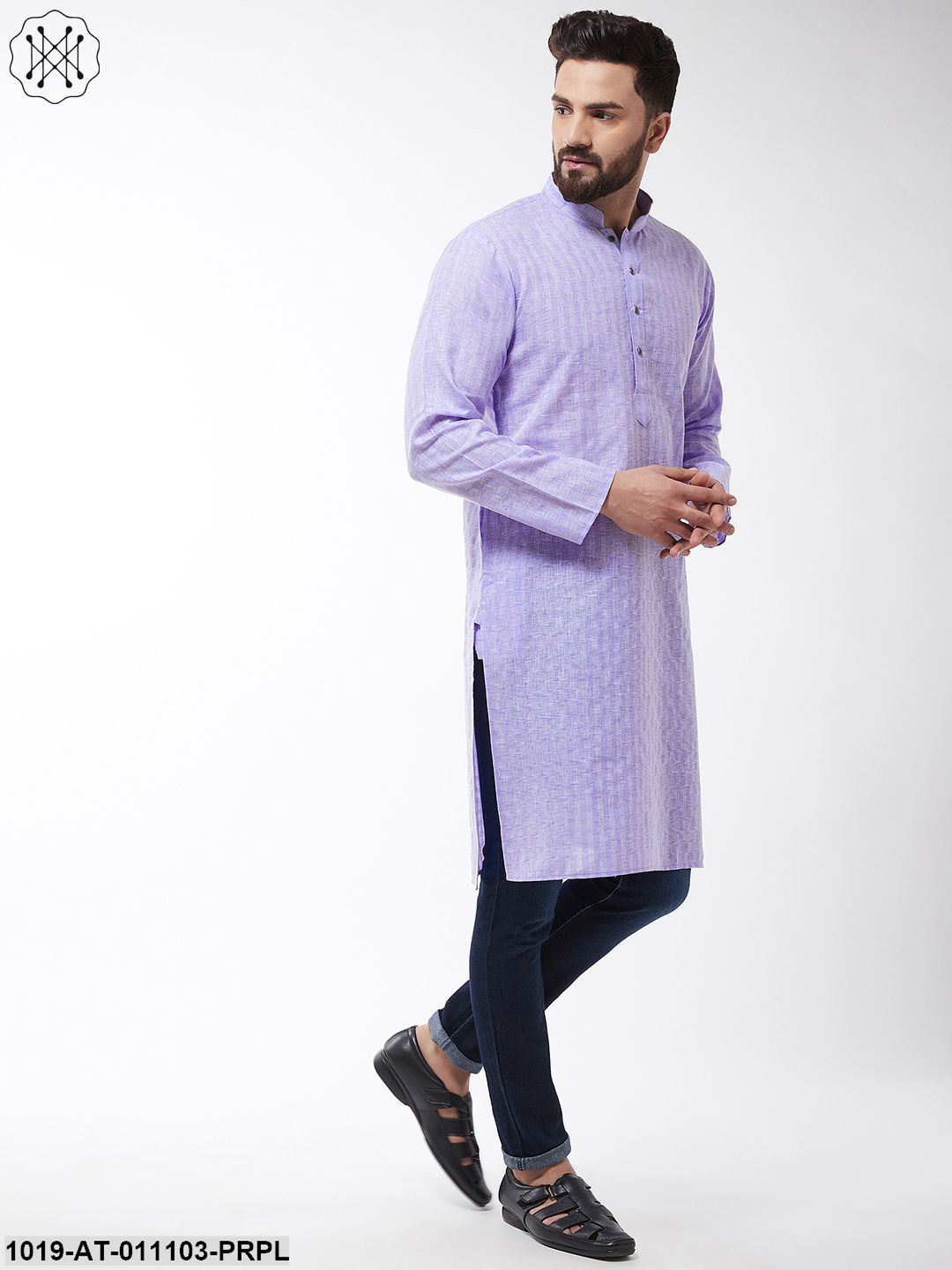 Men's Cotton Blend Purple Woven Design Only Long Kurta