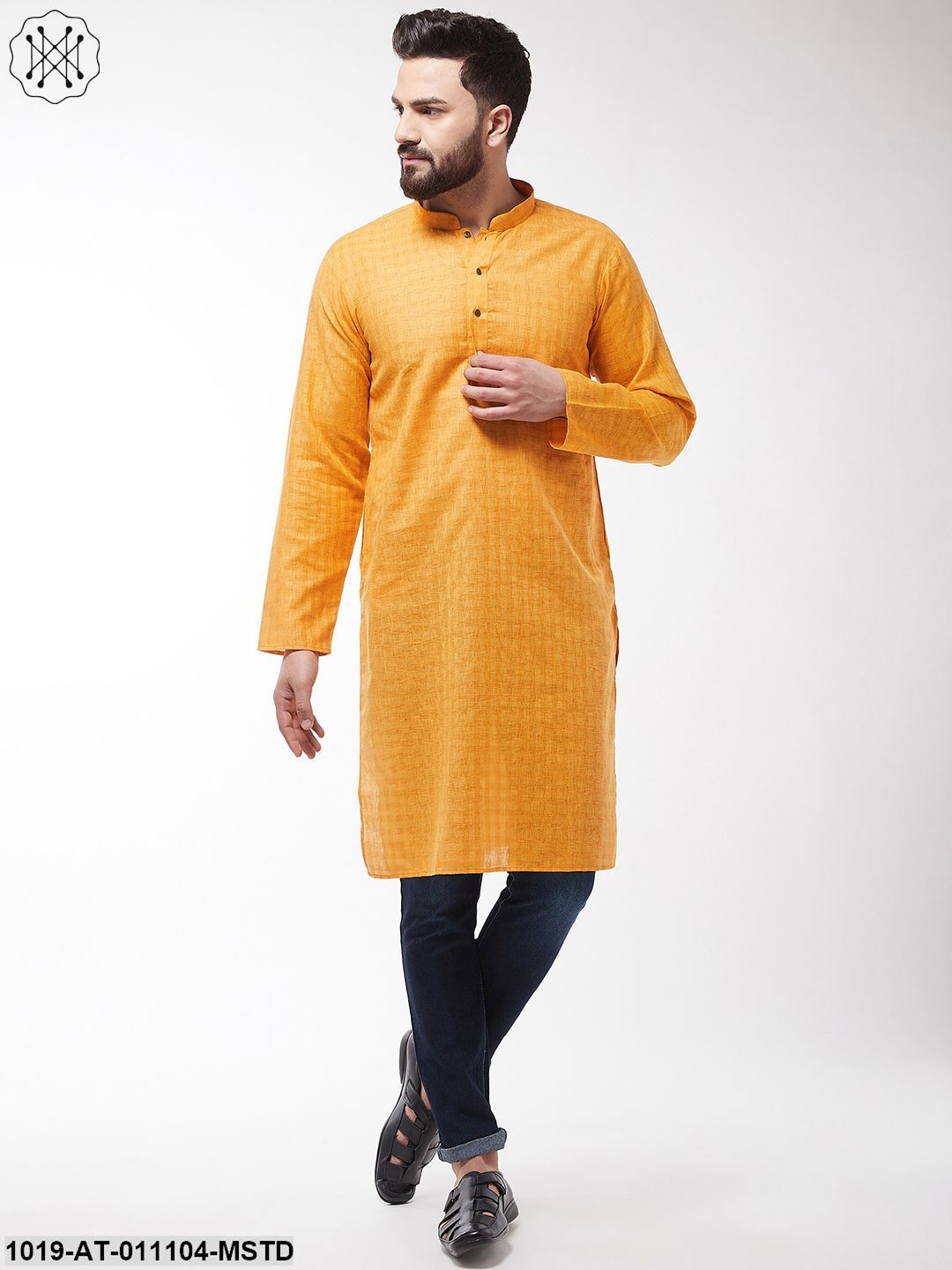 Men's Cotton Blend Mustard Woven Design Only Long Kurta