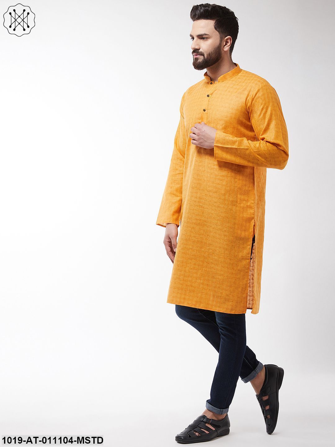 Men's Cotton Blend Mustard Woven Design Only Long Kurta