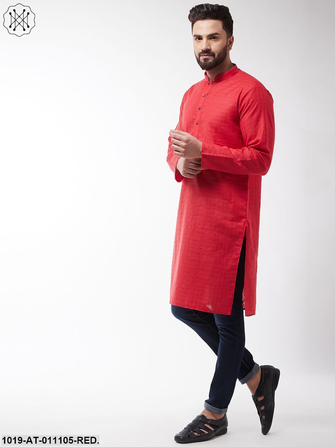 Men's Cotton Blend Red Woven Design Only Long Kurta