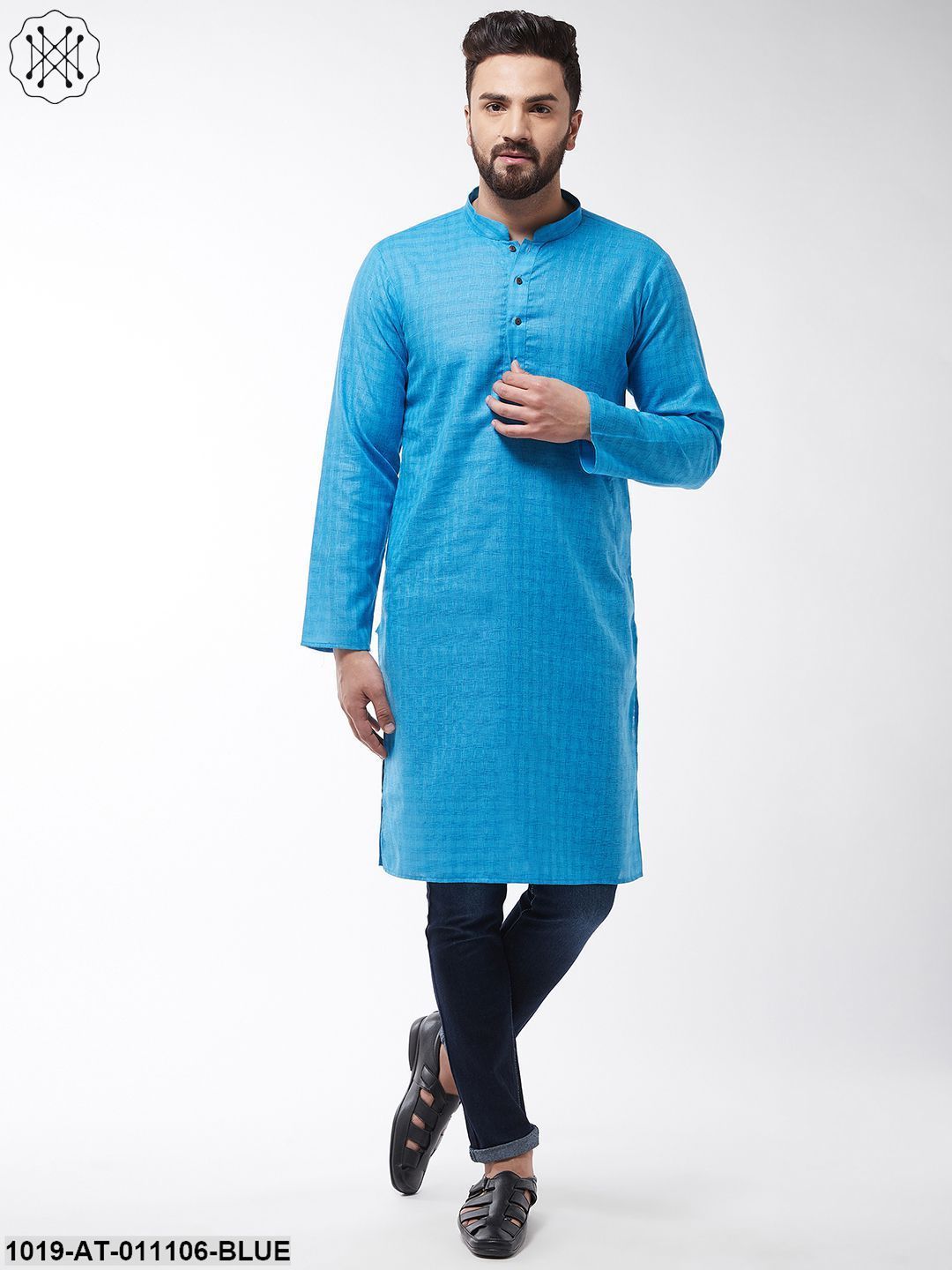 Men's Cotton Blend Peacock Blue Woven Design Only Long Kurta