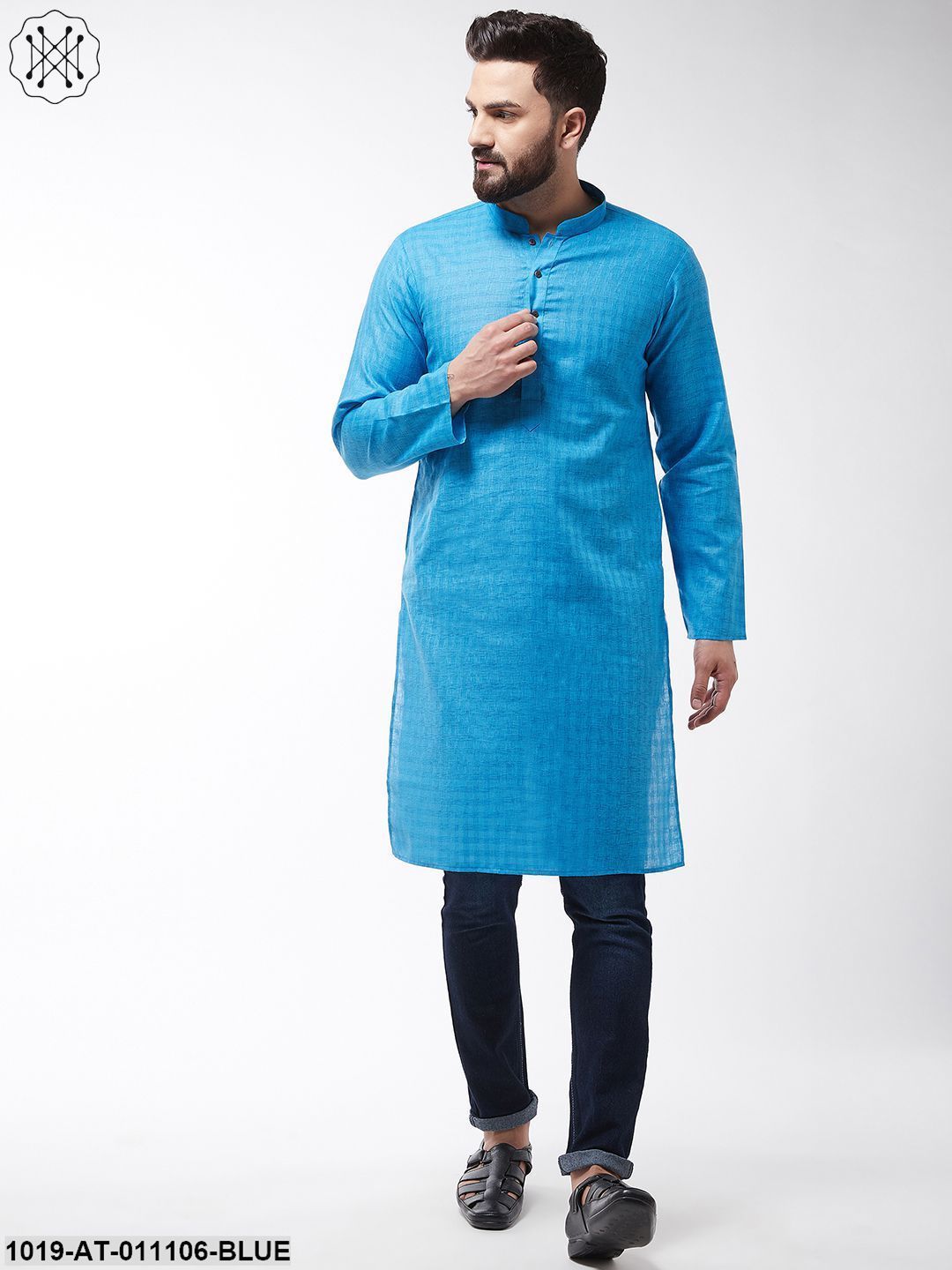 Men's Cotton Blend Peacock Blue Woven Design Only Long Kurta