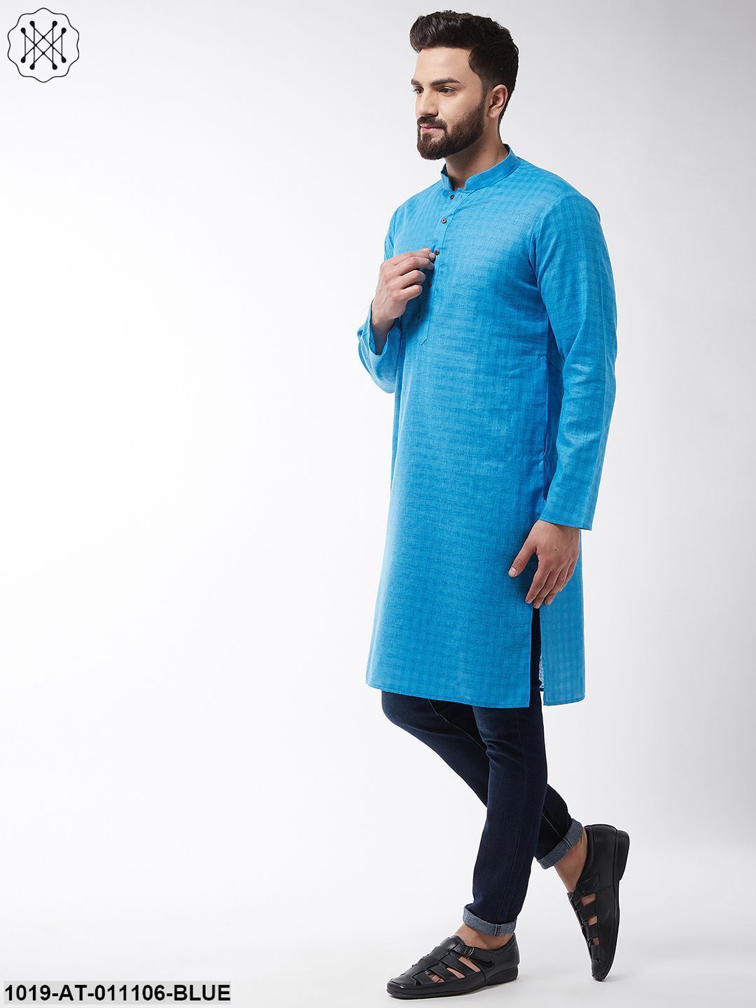 Men's Cotton Blend Peacock Blue Woven Design Only Long Kurta