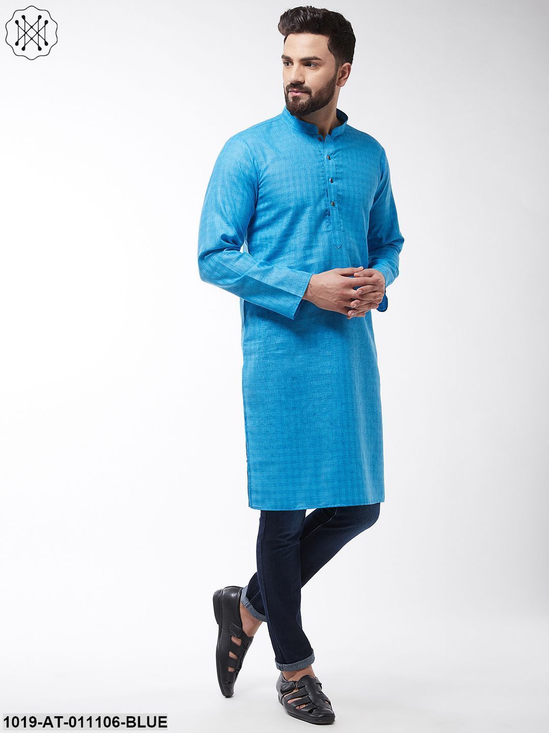 Men's Cotton Blend Peacock Blue Woven Design Only Long Kurta