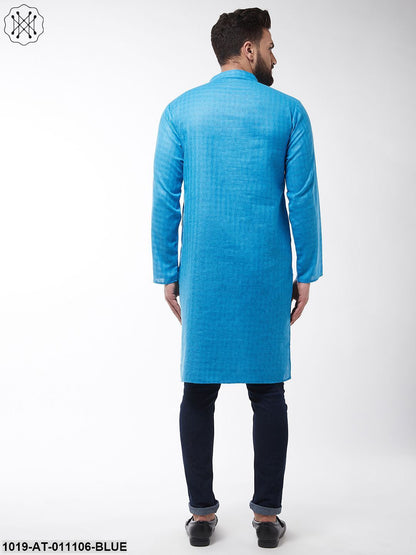 Men's Cotton Blend Peacock Blue Woven Design Only Long Kurta