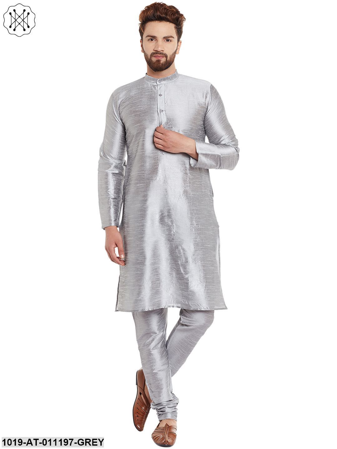 Men's Grey, Dupion Silk Kurta