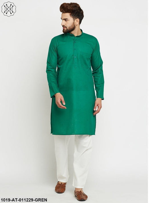 Men's Cotton Linen Dark Green Long Kurta