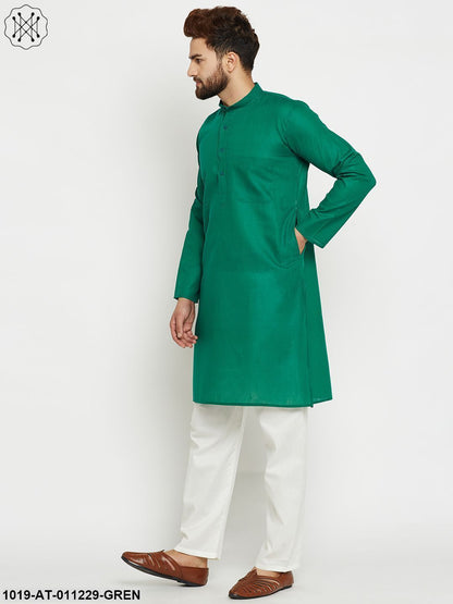 Men's Cotton Linen Dark Green Long Kurta