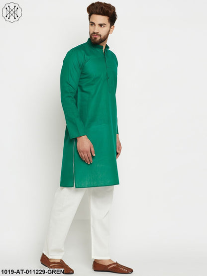 Men's Cotton Linen Dark Green Long Kurta