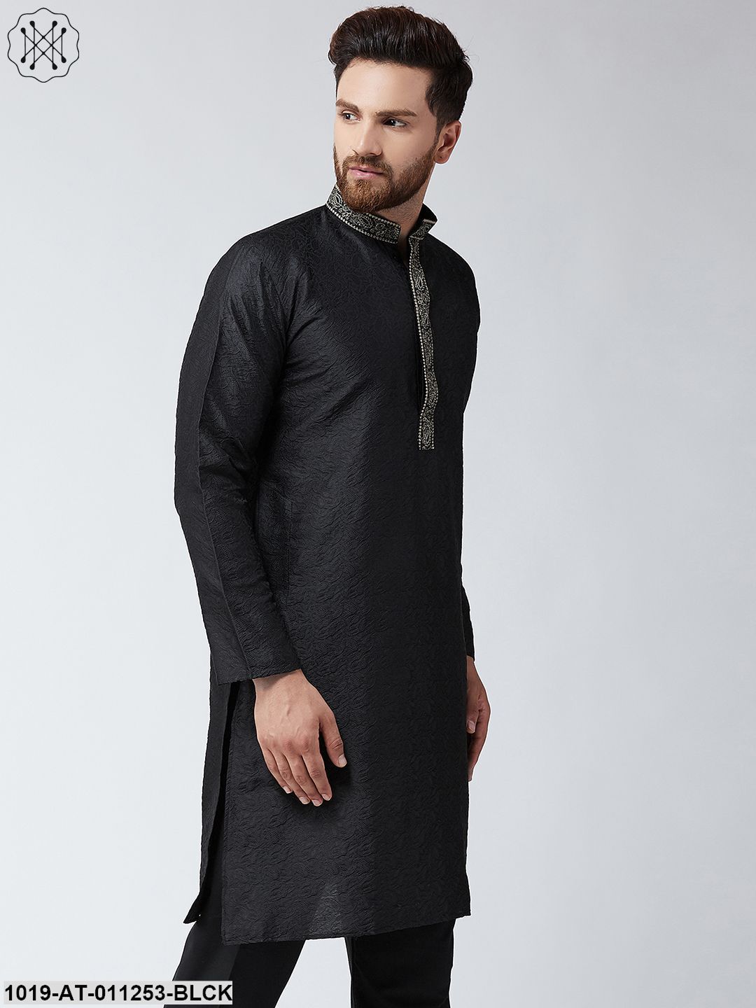 Men's Black Self Design Only Long Kurta