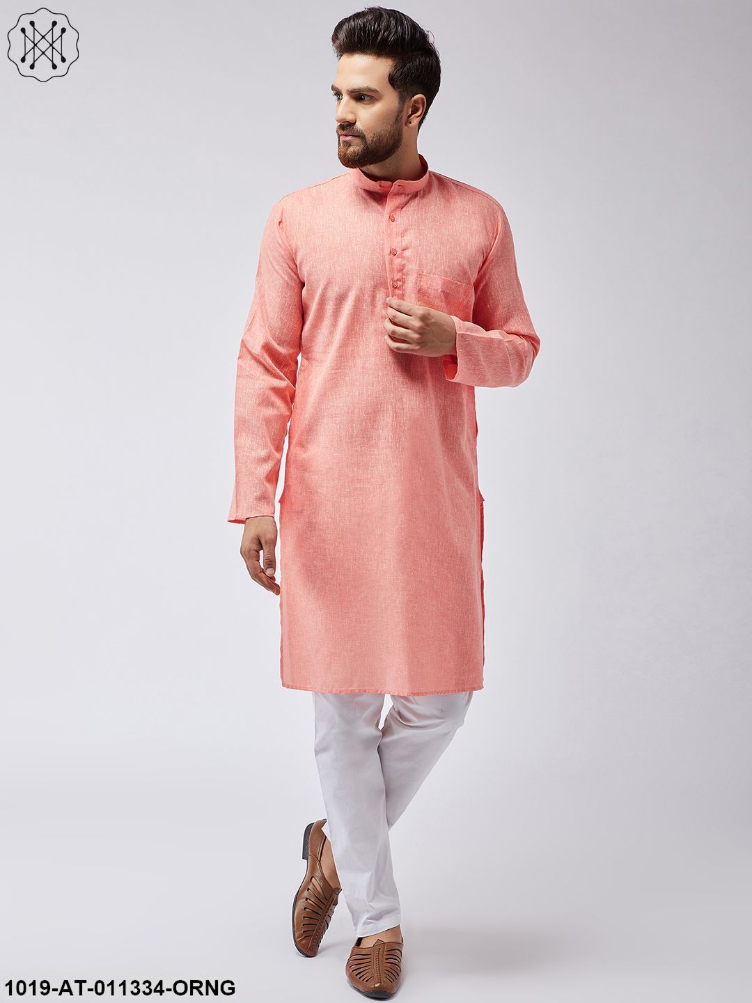 Men's Cotton Linen Orange Only Long Kurta