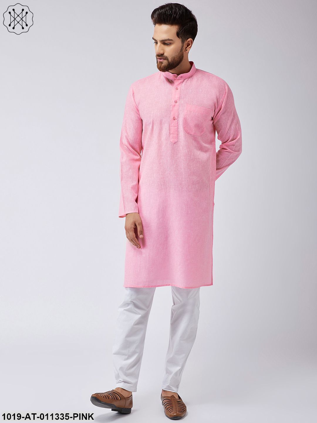 Men's Cotton Linen Pink Only Long Kurta