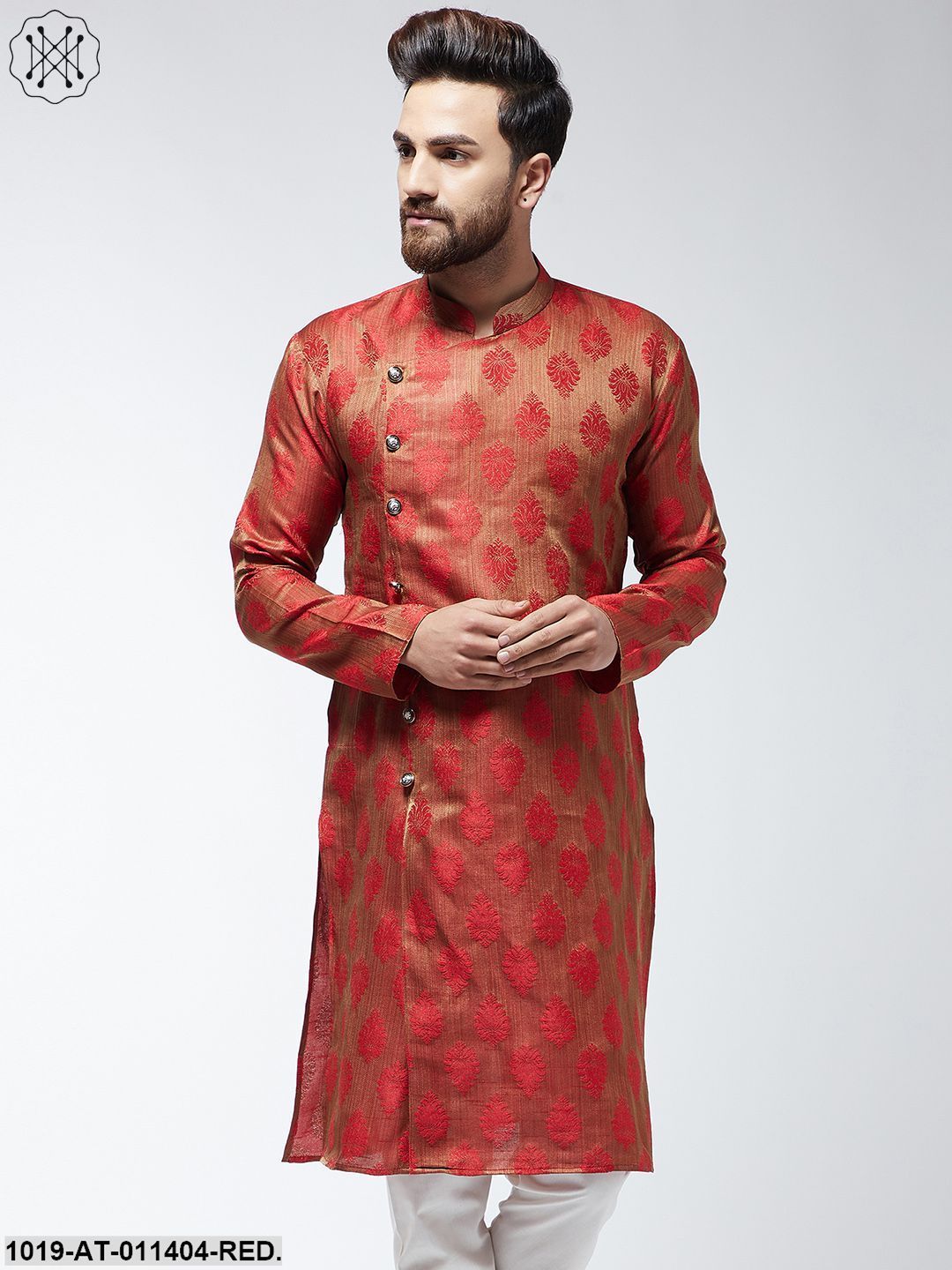 Men's Jacquard Silk Red Printed Only Long Kurta