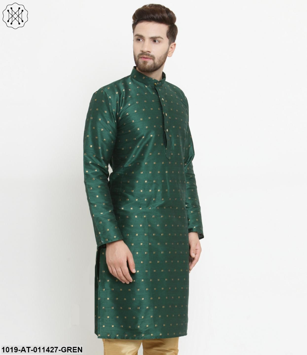 Men's Silk Blend Dark Green Printed Only Long Kurta