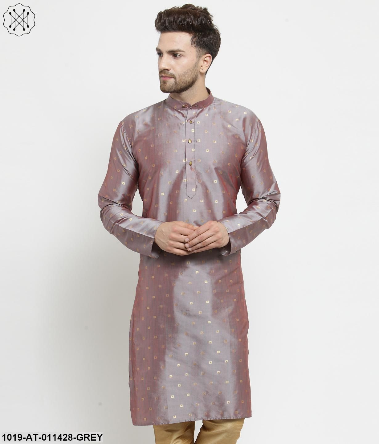 Men's Silk Blend Grey Printed Only Long Kurta