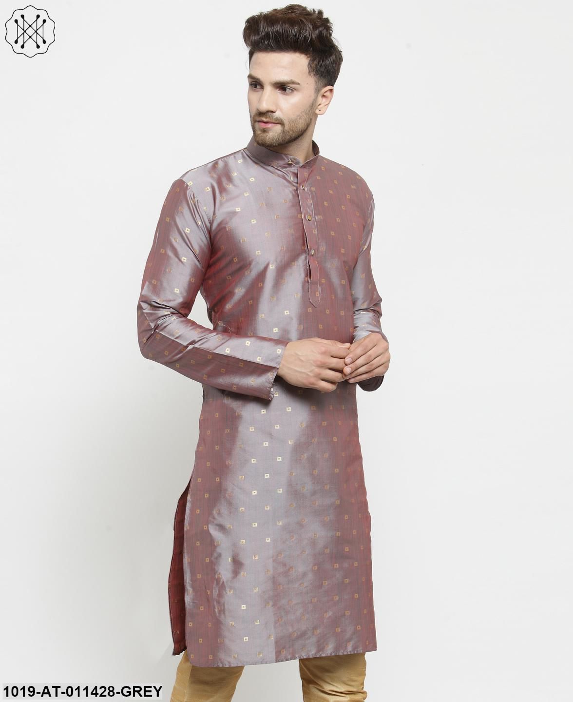 Men's Silk Blend Grey Printed Only Long Kurta