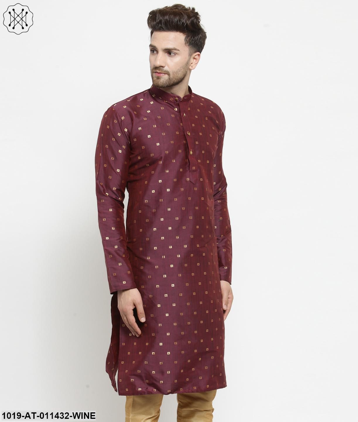 Men's Silk Blend Wine Printed Only Long Kurta