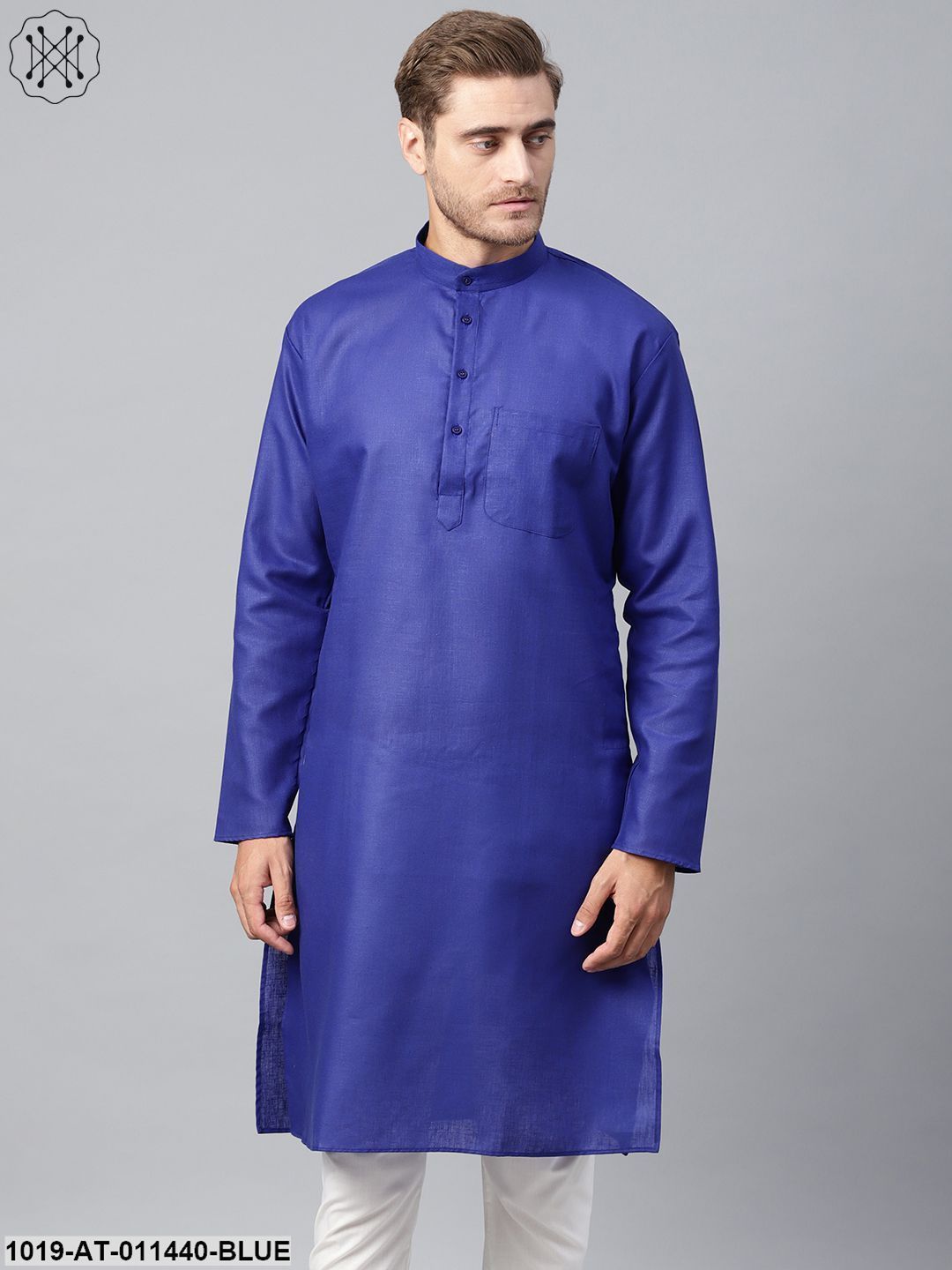 Men's Cotton Linen Blend Royal Blue Solid Only Long Kurta