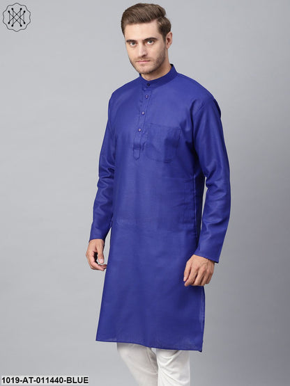 Men's Cotton Linen Blend Royal Blue Solid Only Long Kurta