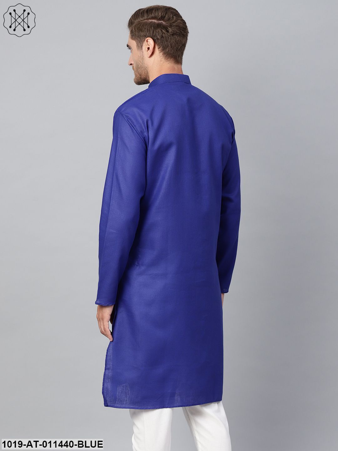 Men's Cotton Linen Blend Royal Blue Solid Only Long Kurta