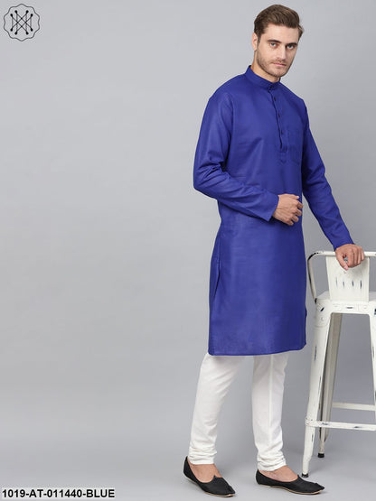 Men's Cotton Linen Blend Royal Blue Solid Only Long Kurta