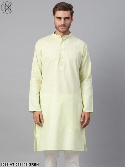 Men's Cotton Linen Blend Lime Green Solid Only Long Kurta