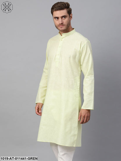 Men's Cotton Linen Blend Lime Green Solid Only Long Kurta