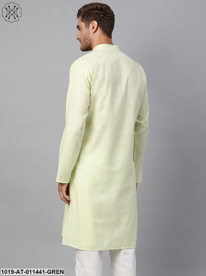 Men's Cotton Linen Blend Lime Green Solid Only Long Kurta