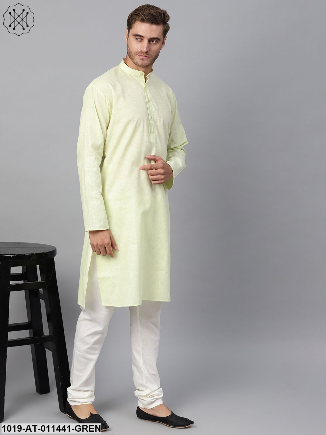 Men's Cotton Linen Blend Lime Green Solid Only Long Kurta