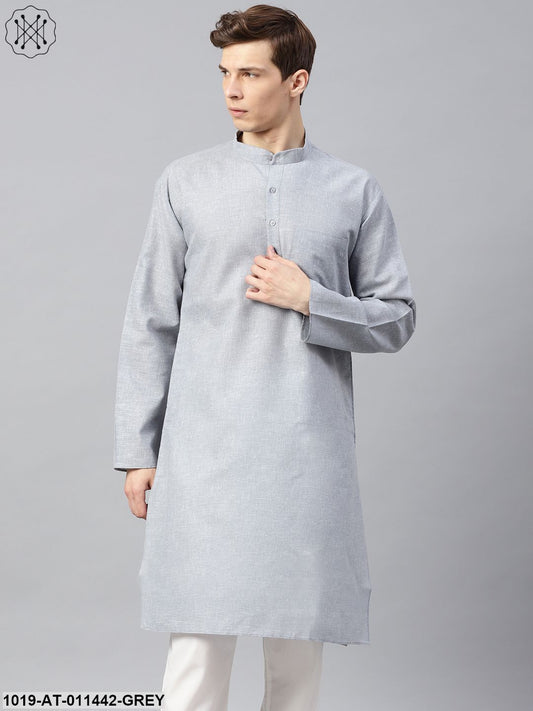 Men's Cotton Linen Blend Grey Solid Only Long Kurta