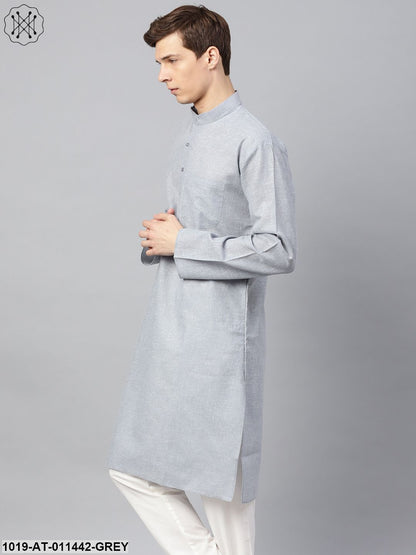 Men's Cotton Linen Blend Grey Solid Only Long Kurta