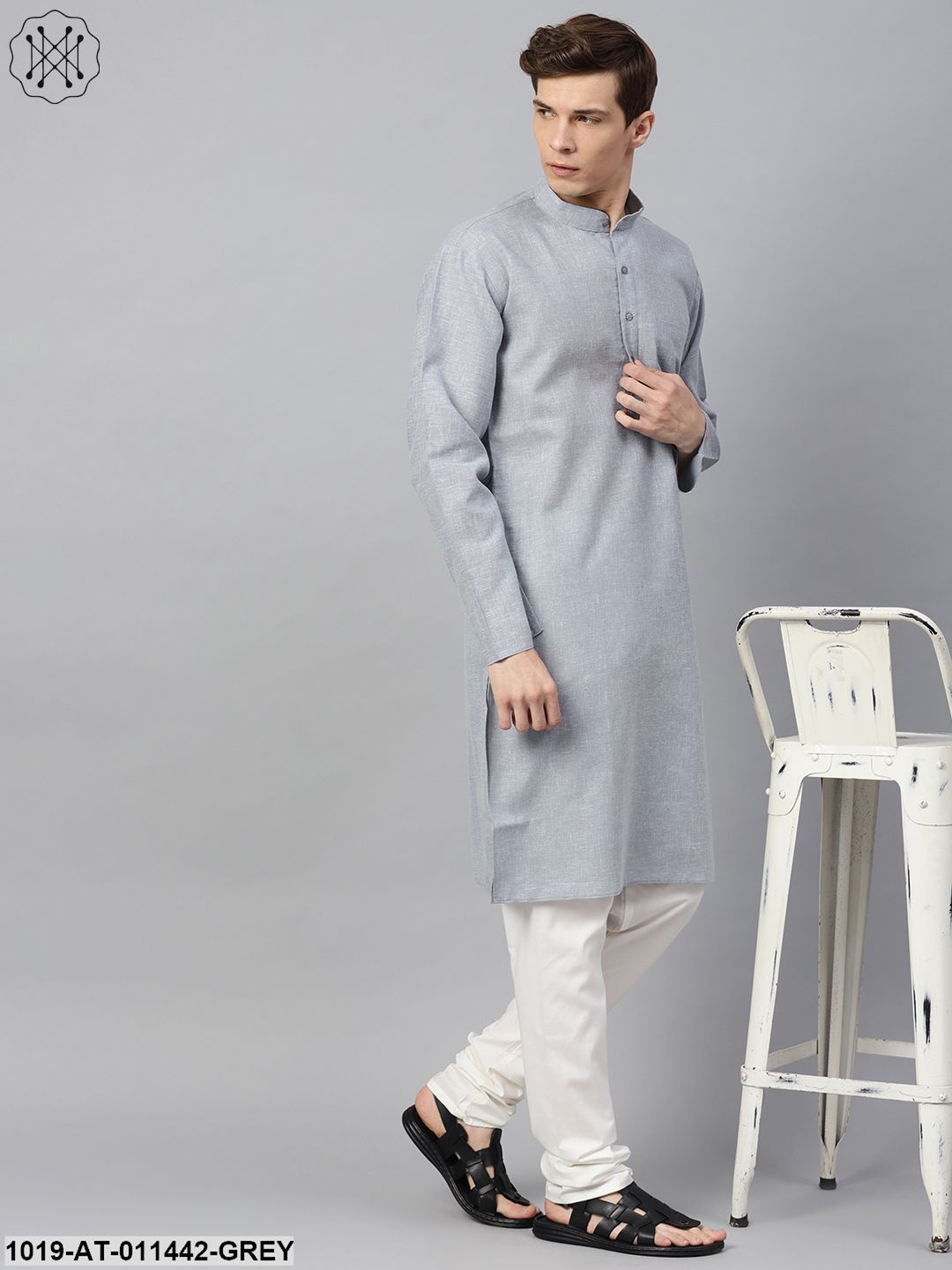 Men's Cotton Linen Blend Grey Solid Only Long Kurta