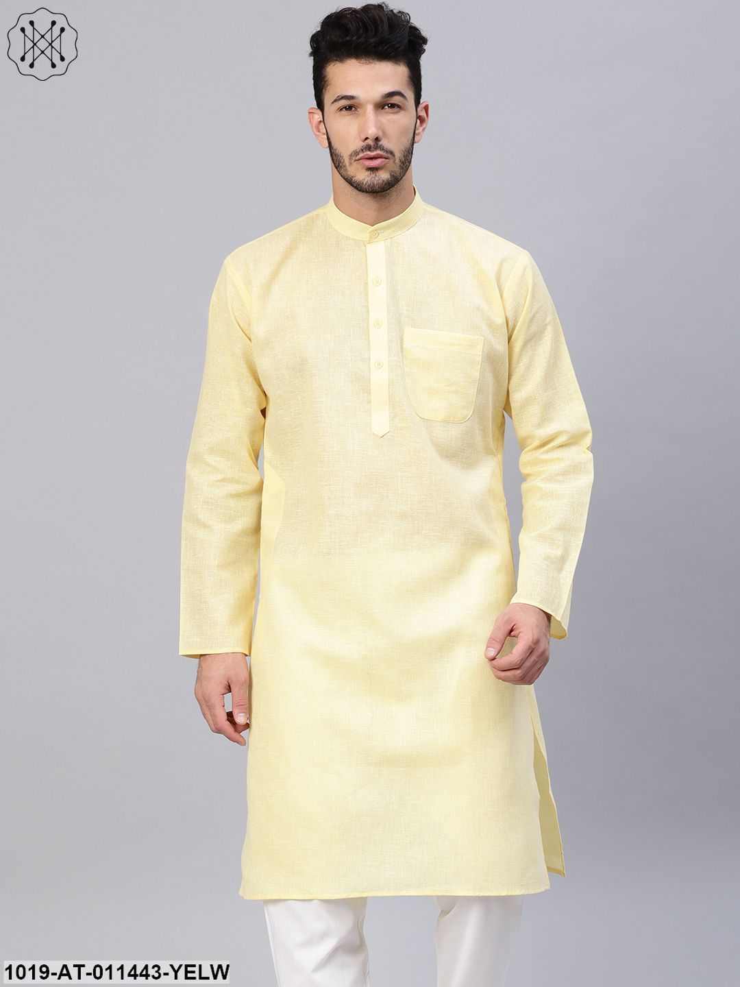 Men's Cotton Linen Blend Yellow Solid Only Long Kurta