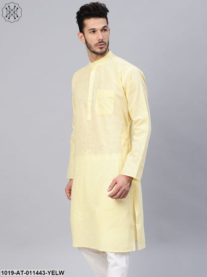 Men's Cotton Linen Blend Yellow Solid Only Long Kurta