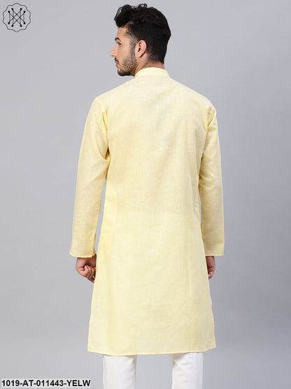 Men's Cotton Linen Blend Yellow Solid Only Long Kurta