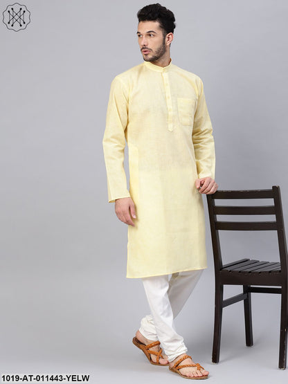 Men's Cotton Linen Blend Yellow Solid Only Long Kurta