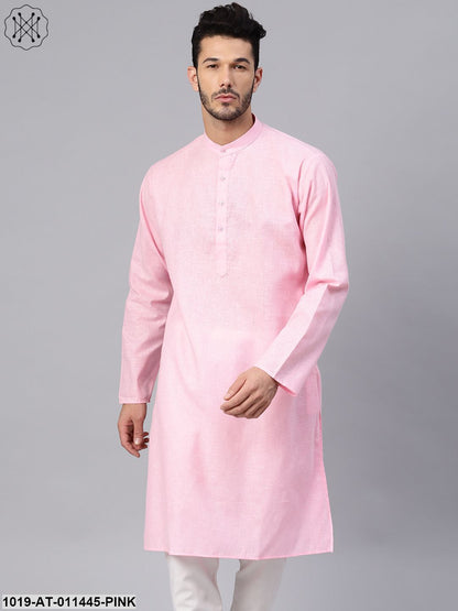 Men's Cotton Linen Blend Pink Solid Only Long Kurta