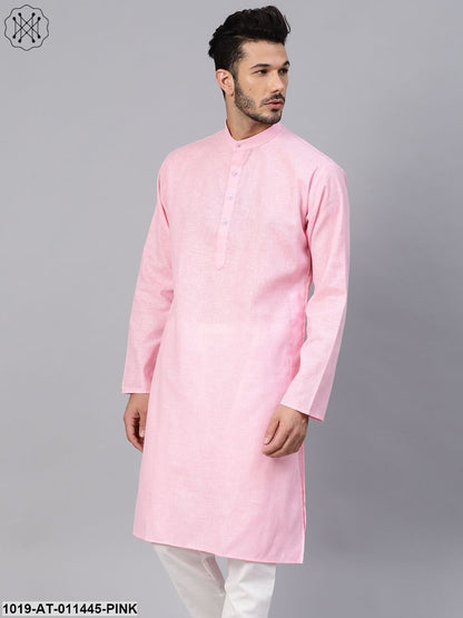 Men's Cotton Linen Blend Pink Solid Only Long Kurta