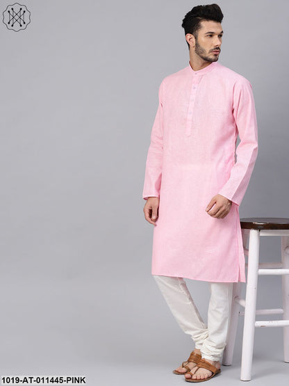 Men's Cotton Linen Blend Pink Solid Only Long Kurta