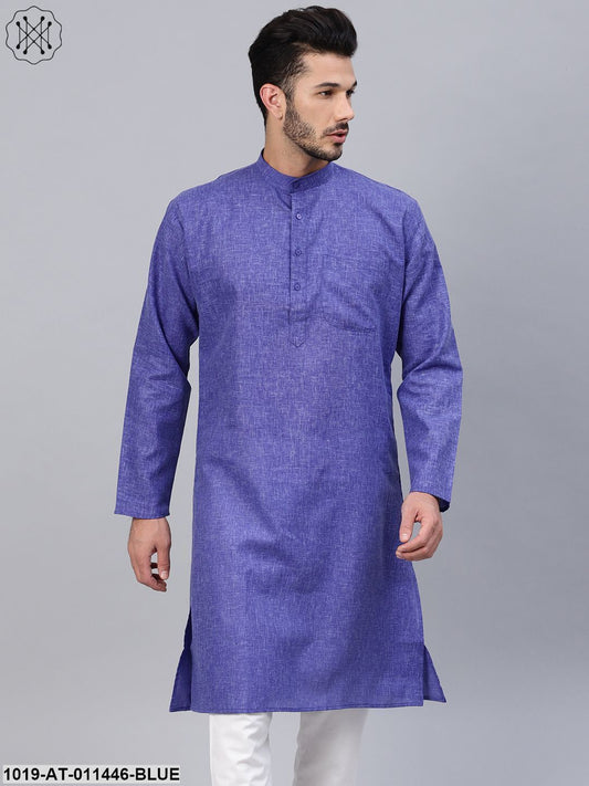 Men's Cotton Linen Blend Indigo Blue Solid Only Long Kurta