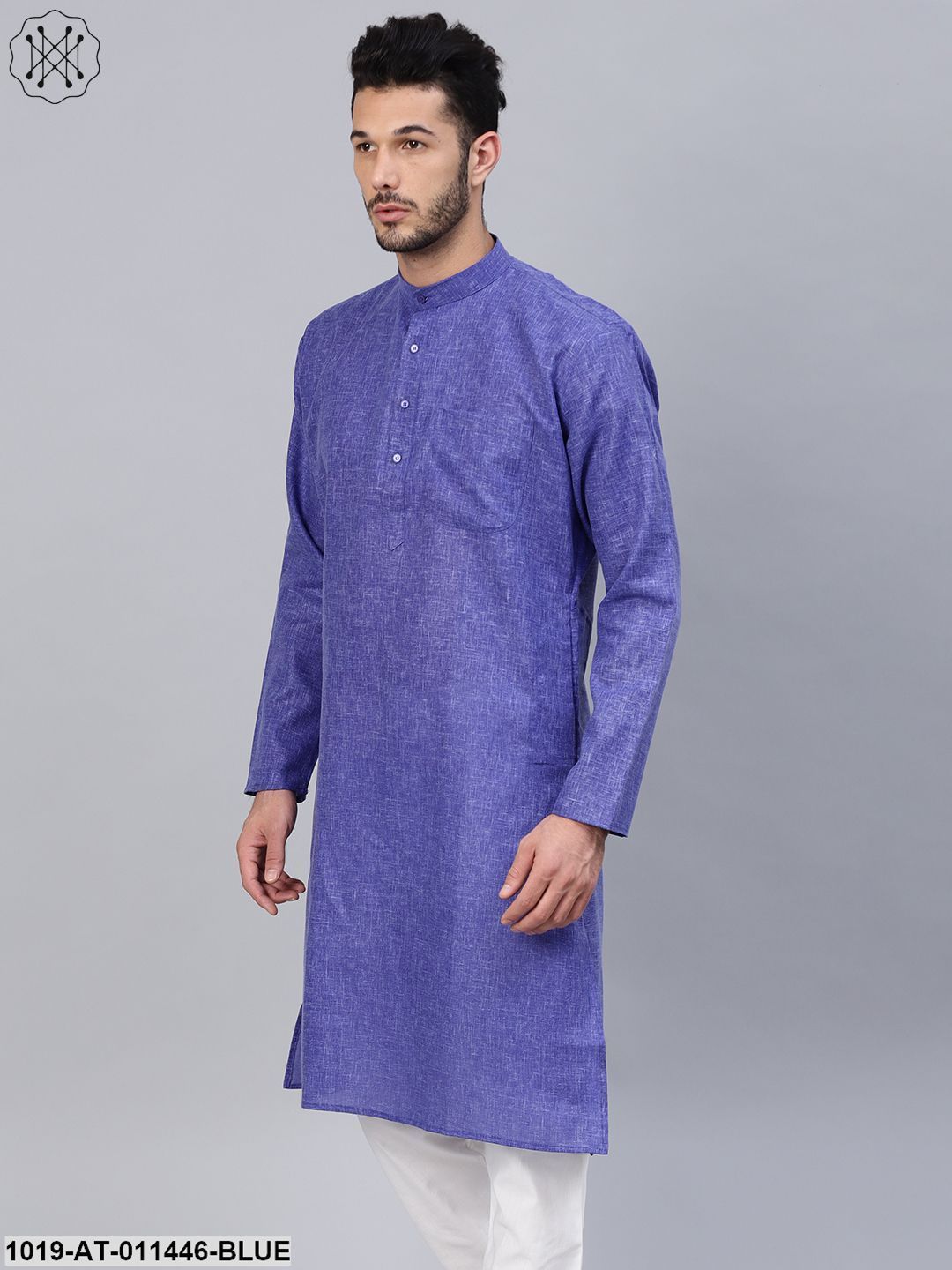 Men's Cotton Linen Blend Indigo Blue Solid Only Long Kurta